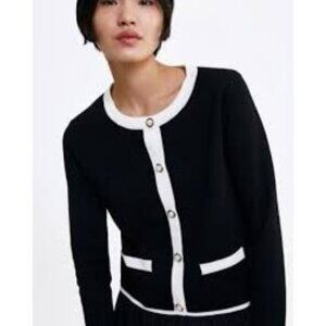 Zara Womens Black Cream Cardigan Jacket With Pearl Button Closure Size L